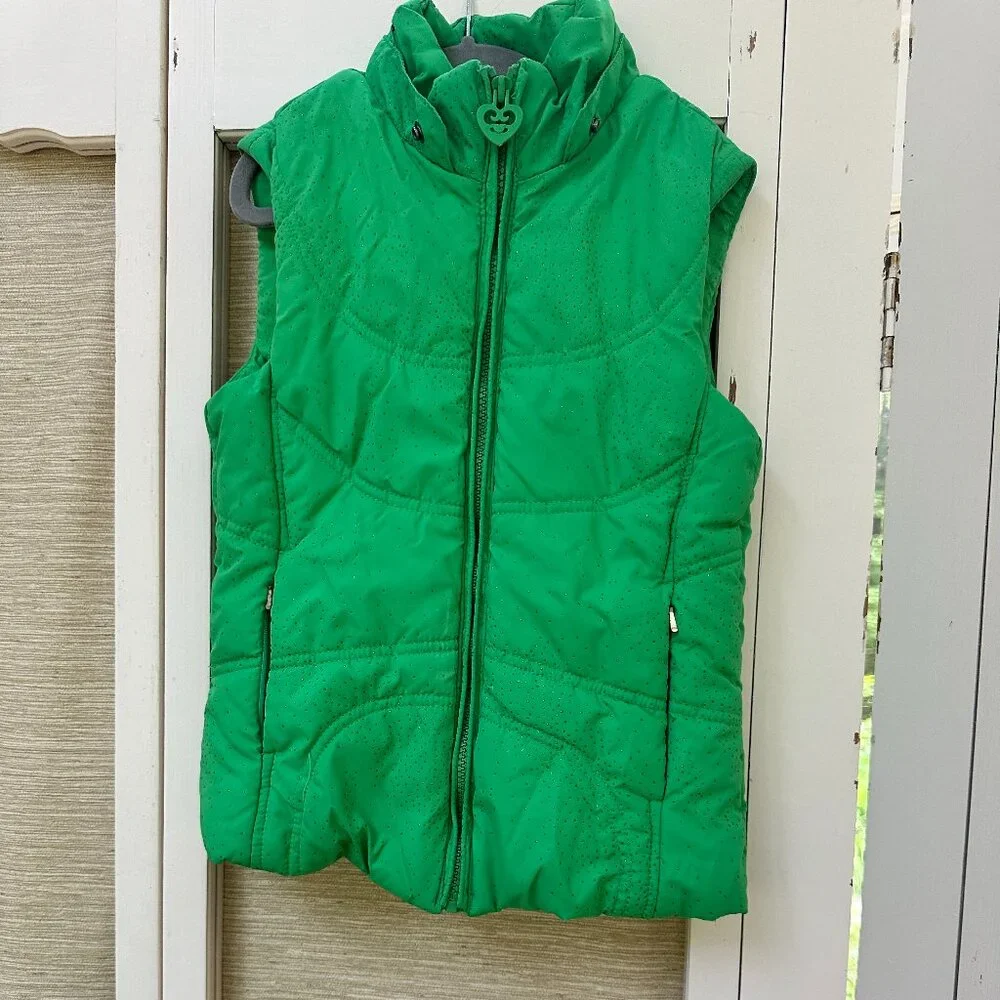 Childrens Place Girls Green Sparkle Puffer Vest Fur Hood 7 8 Removable Hood
